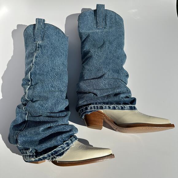 R13 Mid Cowboy Boots with Denim Sleeve Shaft Indigo Blue Ivory Size 38 NIB $1395 - Picture 5 of 16